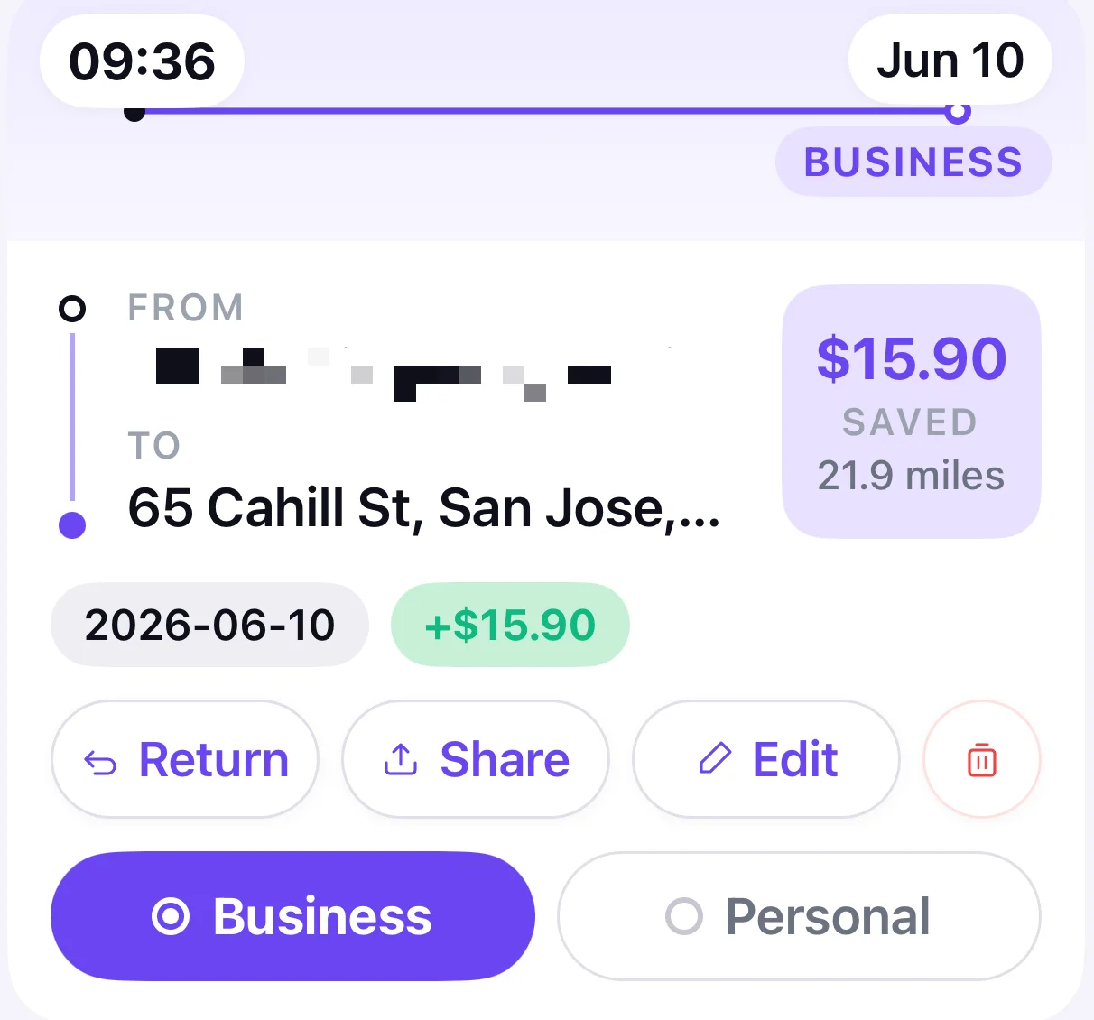 Real MyMilesAI classify screen: a detected trip with Business and Personal buttons and the saved deduction amount