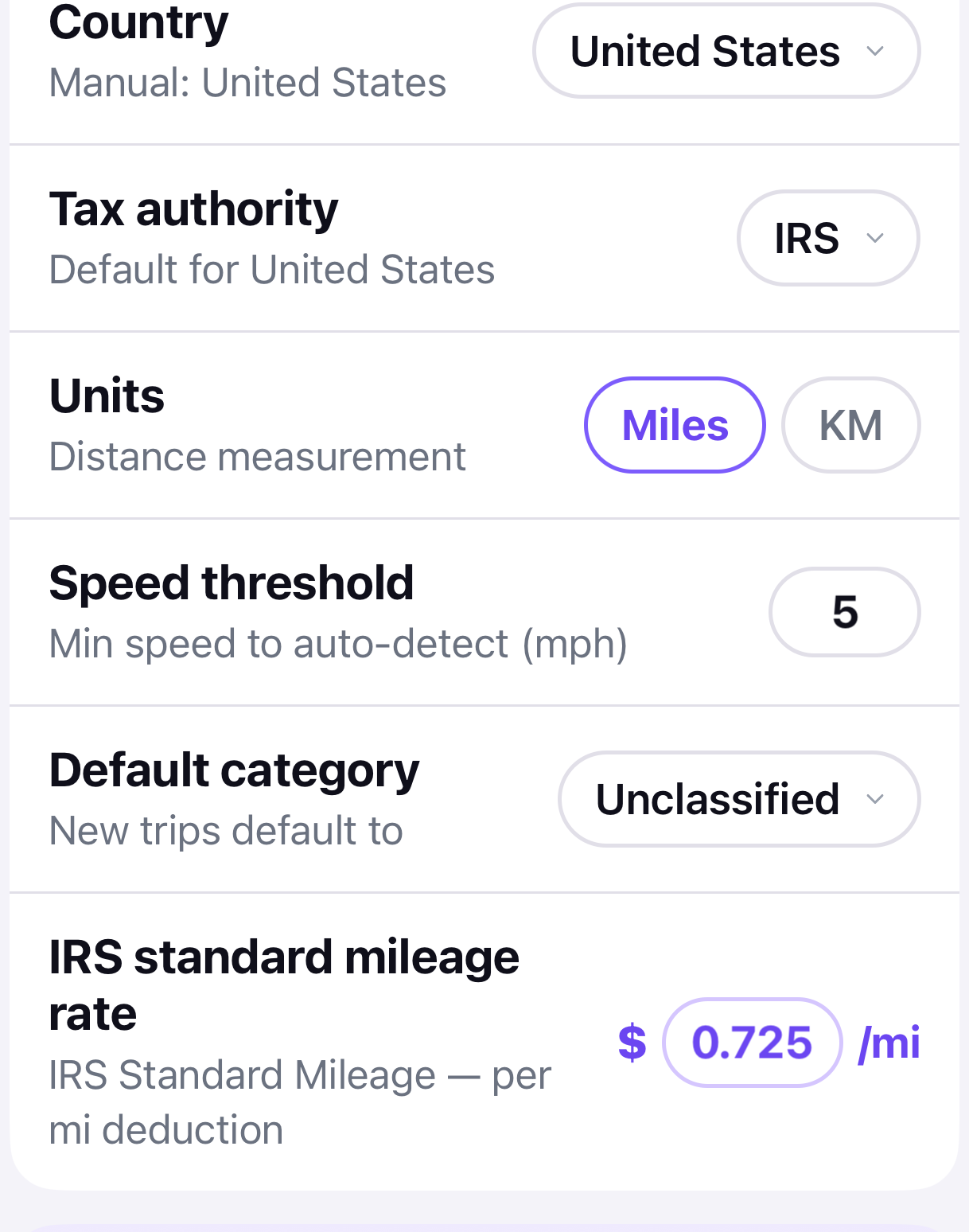 MyMilesAI app settings: Country set to United States, Tax authority IRS, Units in Miles, and the IRS standard mileage rate field showing $0.725 per mile