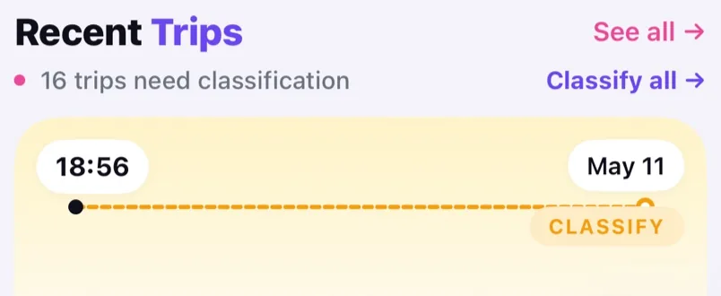 Real MyMilesAI trip list: automatically recorded trips with distances, times and classification state