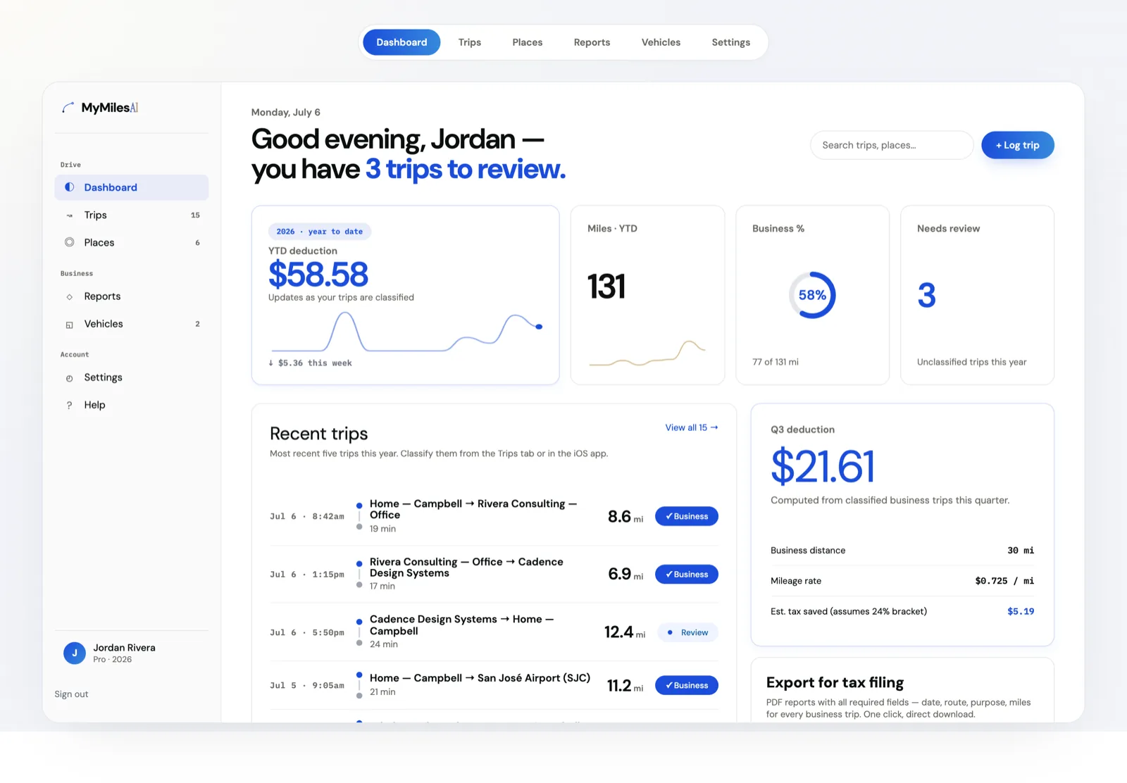 Real MyMilesAI web dashboard: year-to-date deduction, miles, business percentage, recent trips and quarterly deduction card