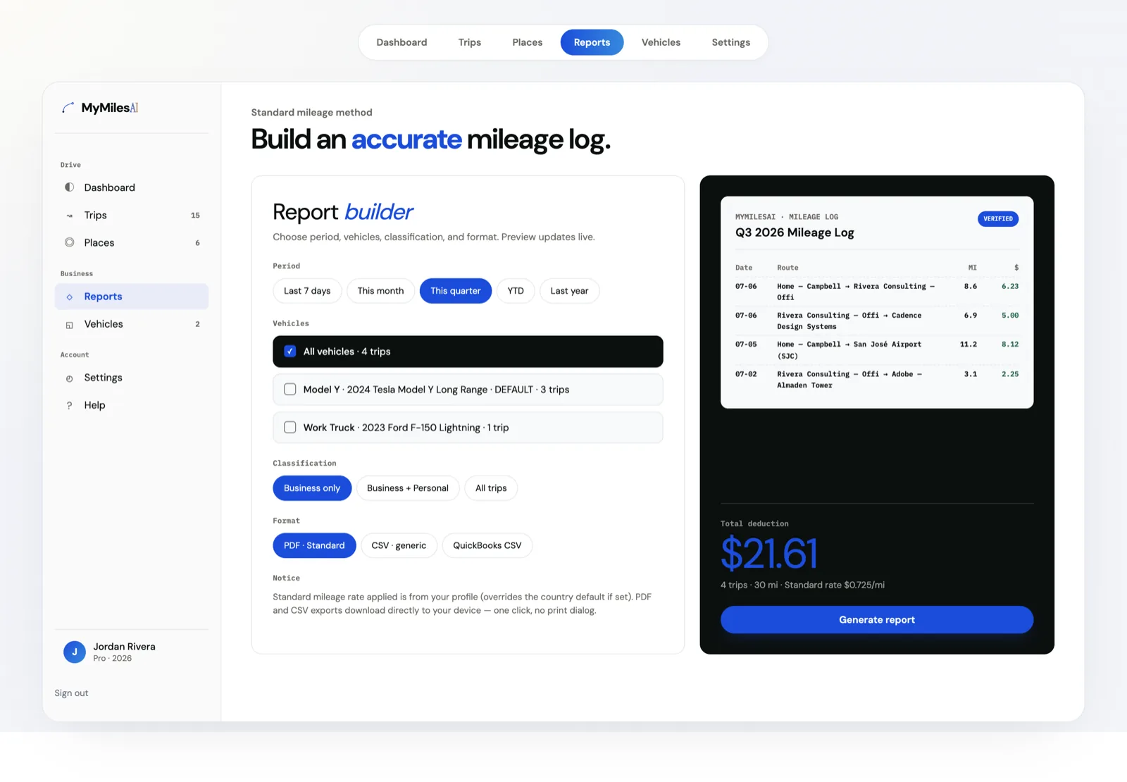 Real MyMilesAI web Reports builder with period, vehicle and format controls beside a live PDF preview of the mileage log